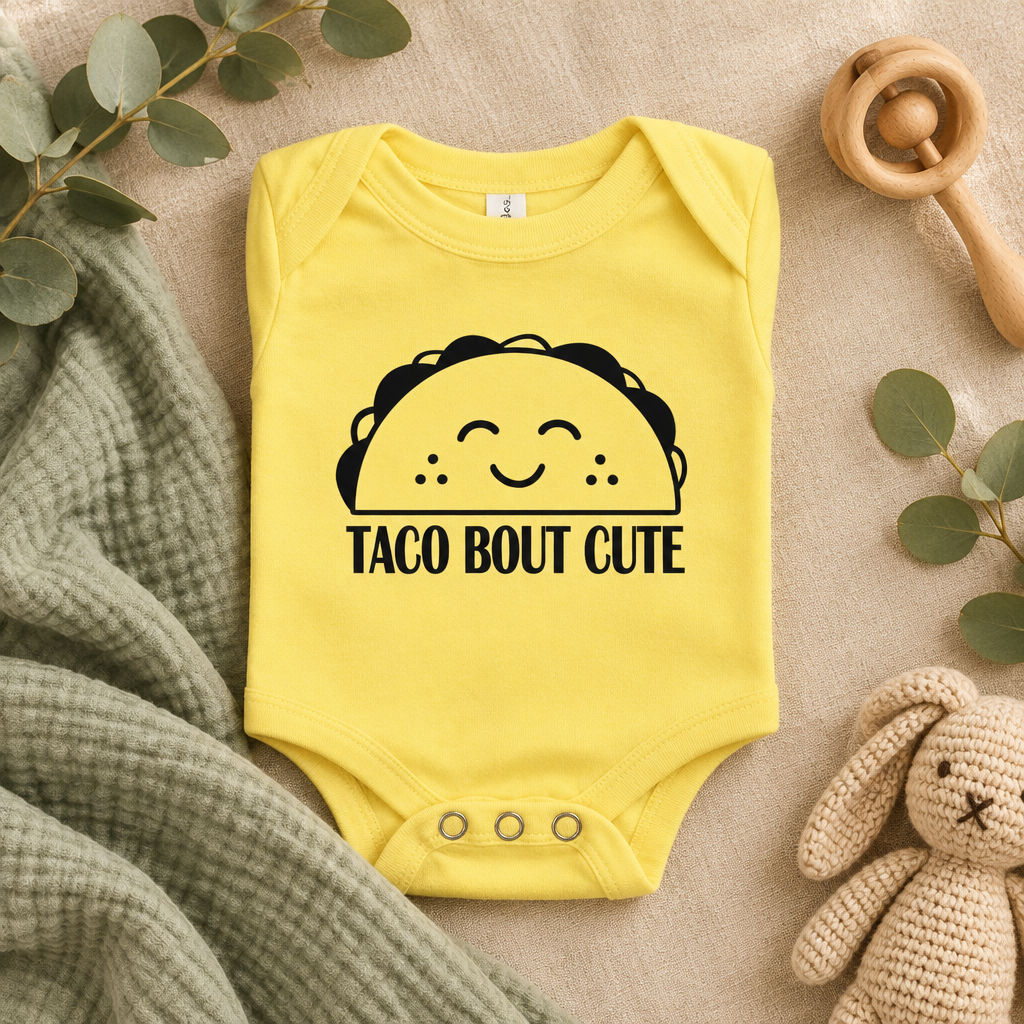 Taco 'Bout Cute Baby Bodysuit in Yellow, folded flat lay - Cartsy
