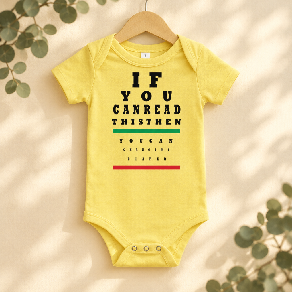 If You Can Read This Eye Chart Baby Bodysuit in Yellow on a wooden hanger - Cartsy
