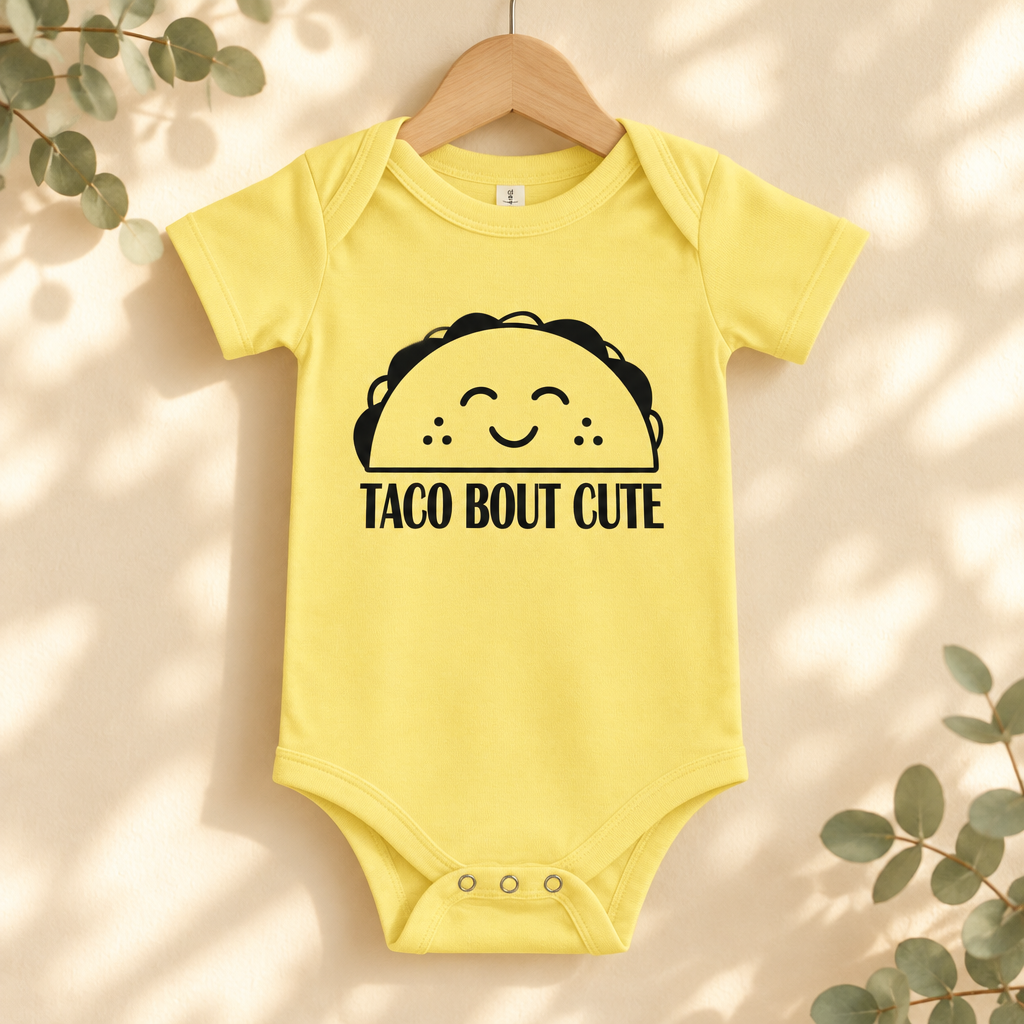 Taco 'Bout Cute Baby Bodysuit in Yellow on a wooden hanger - Cartsy