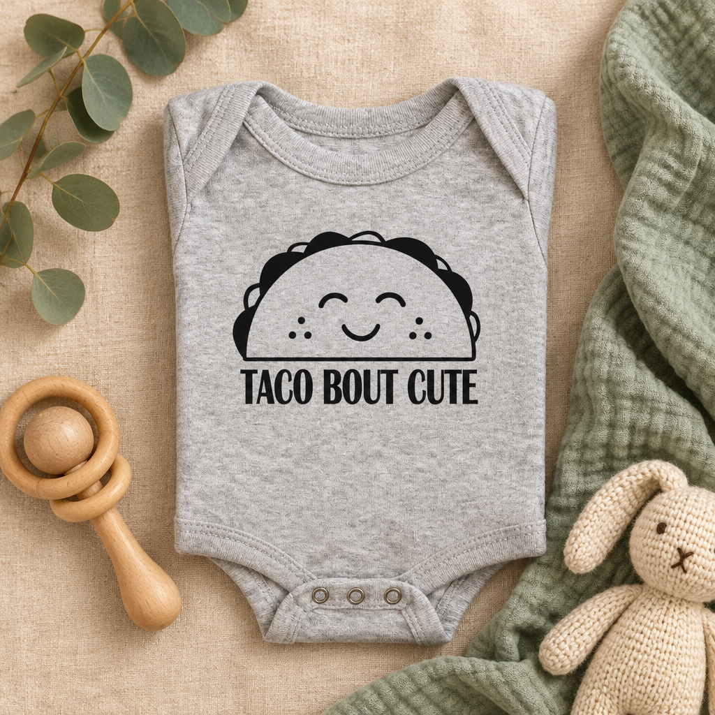 Taco 'Bout Cute Baby Bodysuit in Athletic Heather, folded flat lay - Cartsy