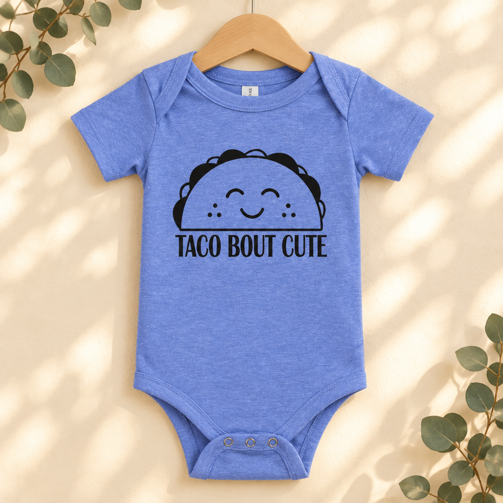 Taco 'Bout Cute Baby Bodysuit in Heather Columbia Blue on a wooden hanger - Cartsy
