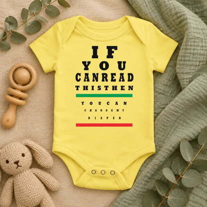 If You Can Read This Eye Chart Baby Bodysuit in Yellow, folded flat lay - Cartsy