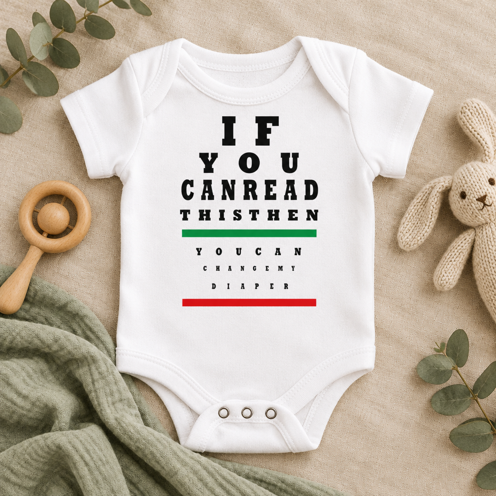 If You Can Read This Eye Chart Baby Bodysuit in White, folded flat lay - Cartsy