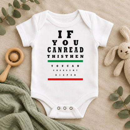 If You Can Read This Eye Chart Baby Bodysuit in White, folded flat lay - Cartsy