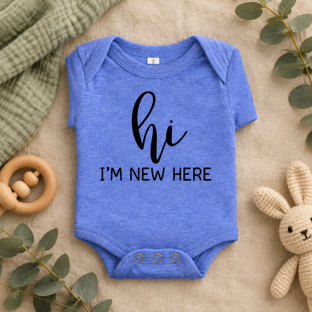 Hi I'm New Here Newborn Baby Bodysuit in Heather Columbia Blue, folded flat lay - Cartsy