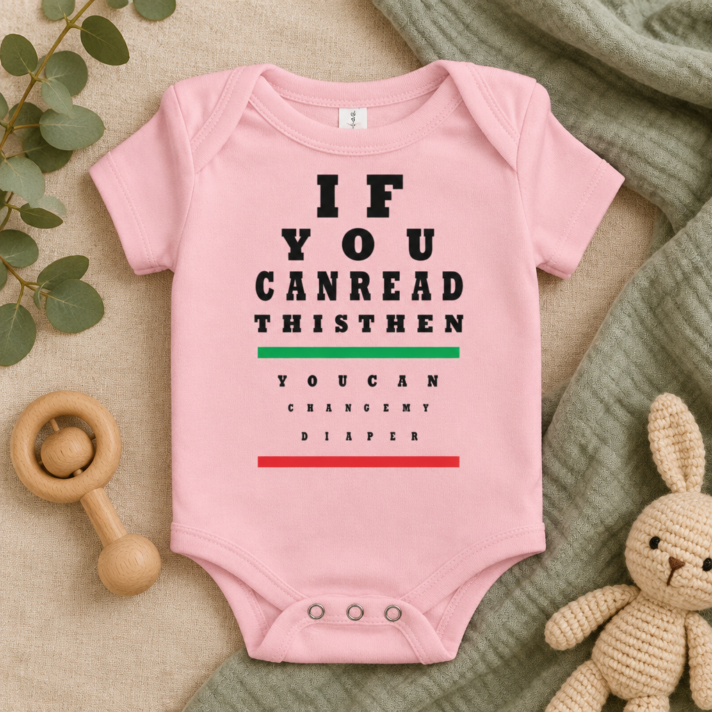 If You Can Read This Eye Chart Baby Bodysuit in Pink, folded flat lay - Cartsy