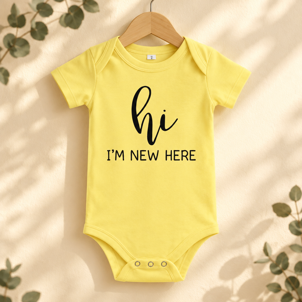 Hi I'm New Here Newborn Baby Bodysuit in Yellow on a wooden hanger - Cartsy