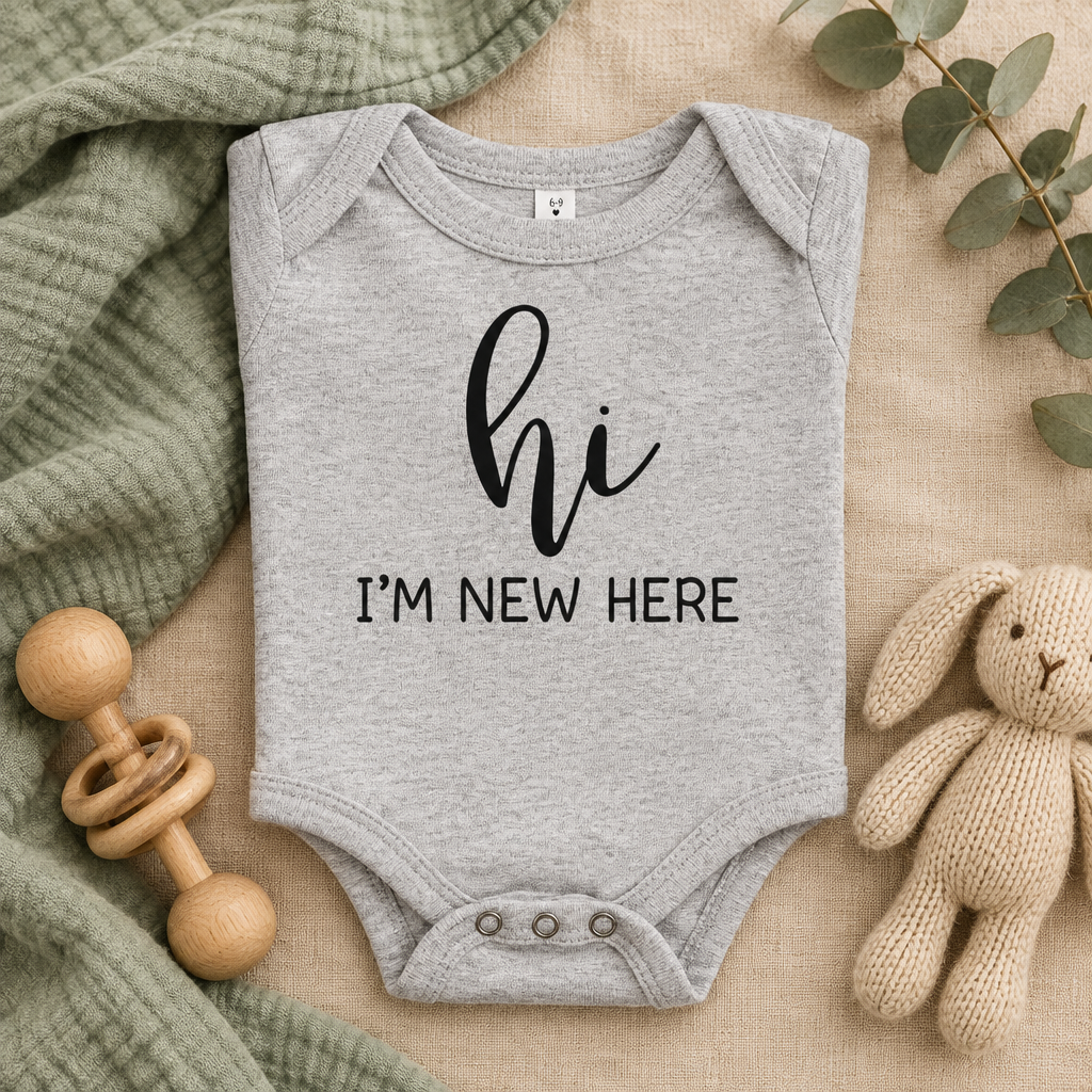 Hi I'm New Here Newborn Baby Bodysuit in Athletic Heather, folded flat lay - Cartsy