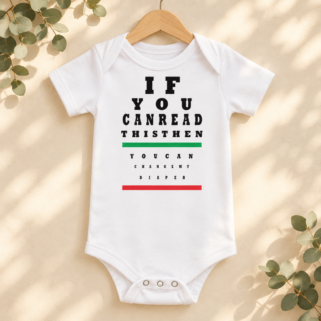 If You Can Read This Eye Chart Baby Bodysuit in White on a wooden hanger - Cartsy