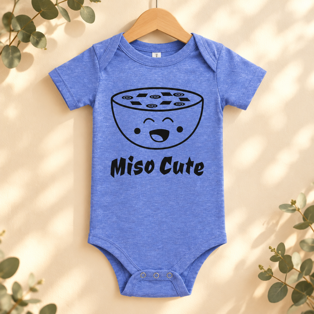 Miso Cute Baby Bodysuit in Heather Columbia Blue on a wooden hanger - Cartsy