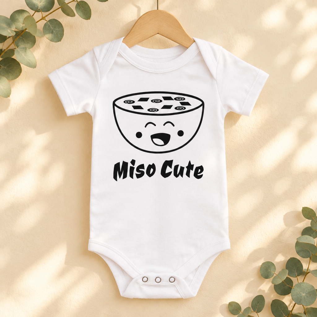Miso Cute Baby Bodysuit in White on a wooden hanger - Cartsy
