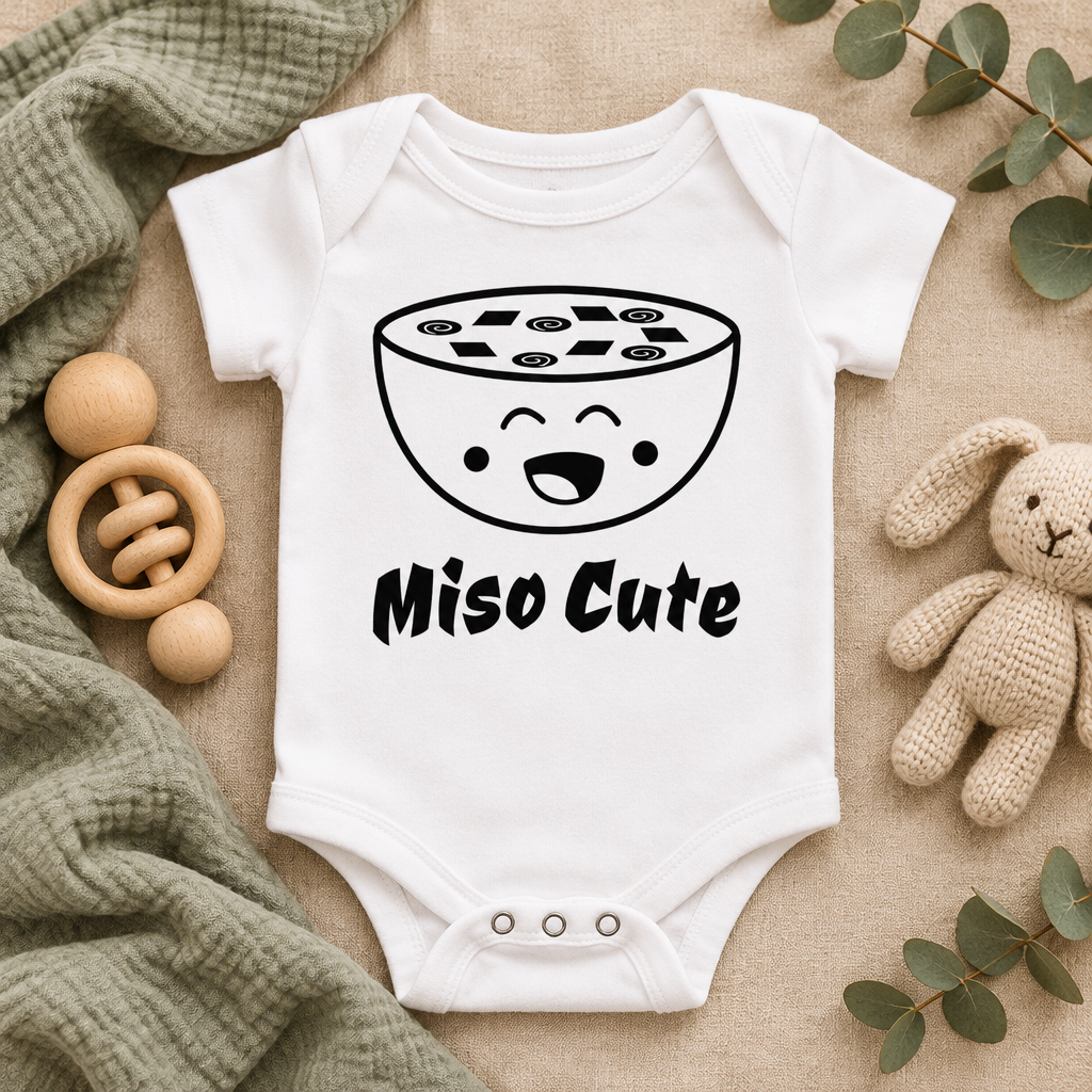 Miso Cute Baby Bodysuit in White, folded flat lay - Cartsy