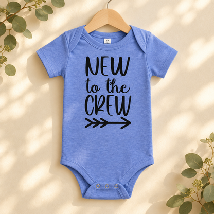 New to the Crew Baby Bodysuit in Heather Columbia Blue on a wooden hanger - Cartsy