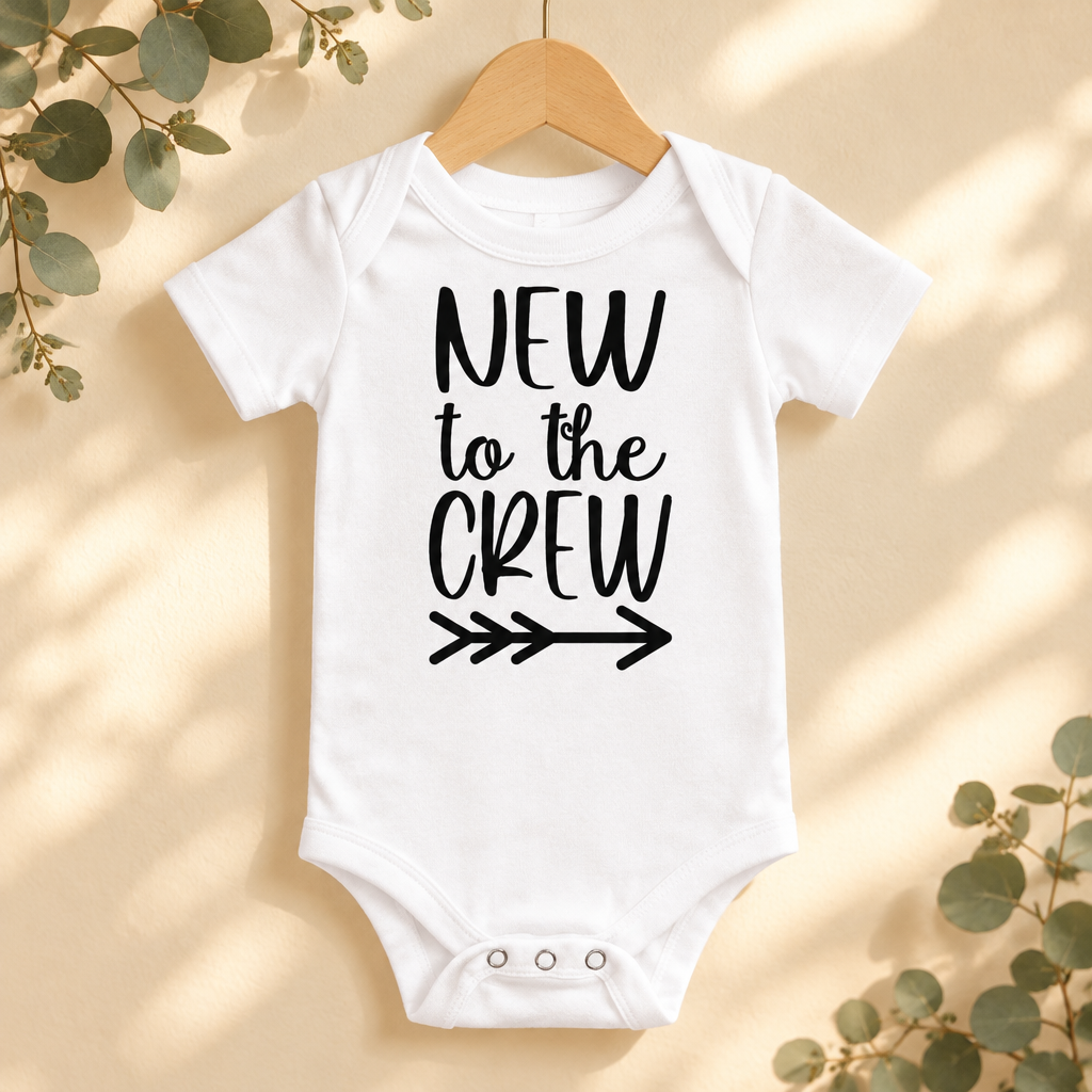 New to the Crew Baby Bodysuit in White on a wooden hanger - Cartsy