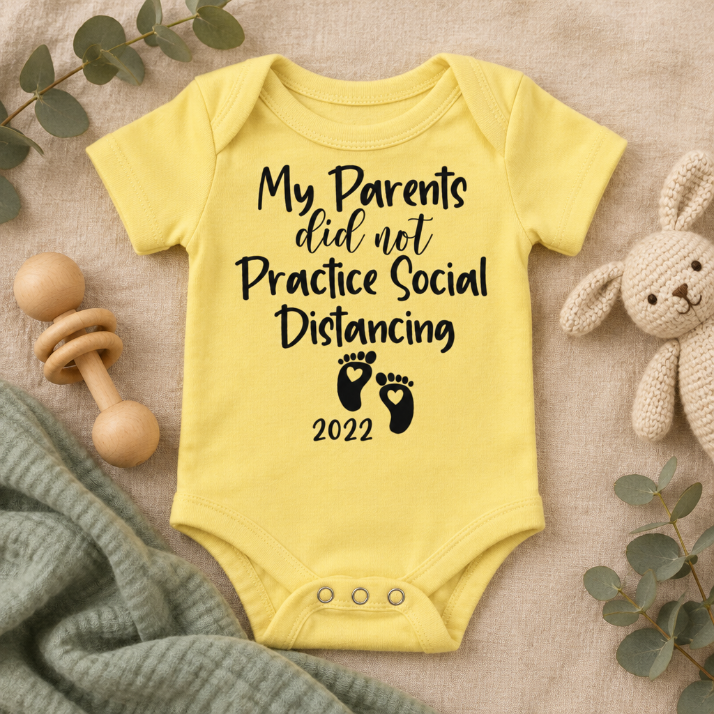 My Parents Did Not Practice Social Distancing Baby Bodysuit in Yellow, folded flat lay - Cartsy