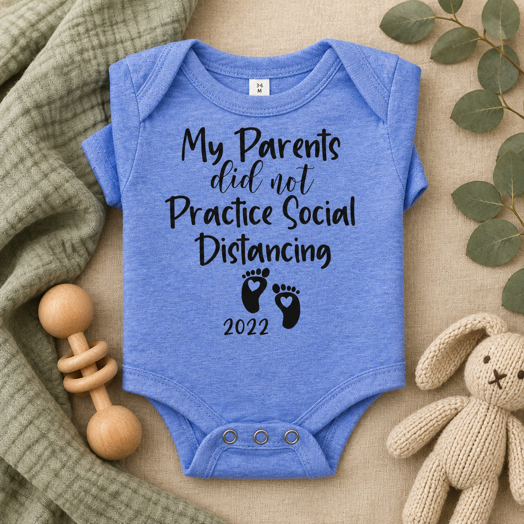 My Parents Did Not Practice Social Distancing Baby Bodysuit in Heather Columbia Blue, folded flat lay - Cartsy