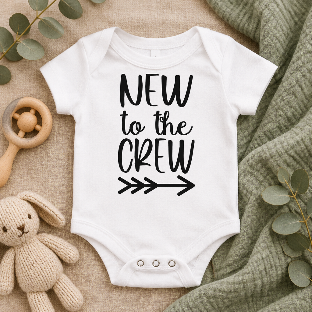 New to the Crew Baby Bodysuit in White, folded flat lay - Cartsy