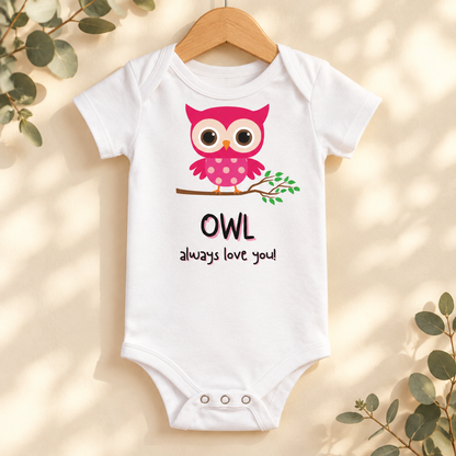 Owl Always Love You Baby Bodysuit in White on a wooden hanger - Cartsy