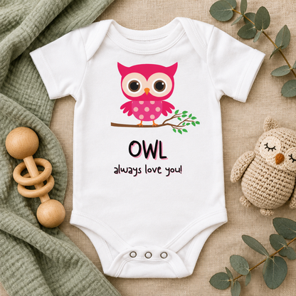 Owl Always Love You Baby Bodysuit in White, folded flat lay - Cartsy
