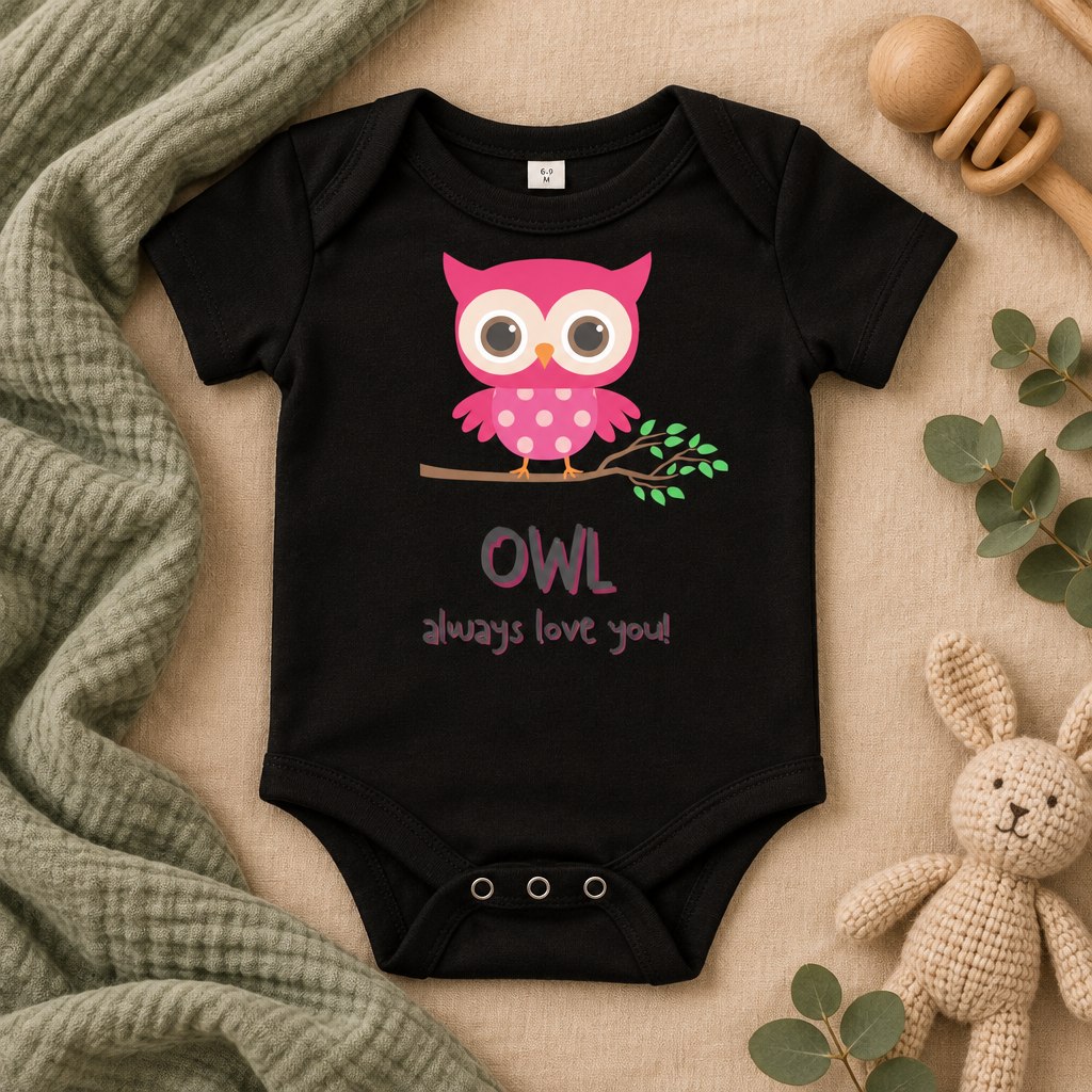 Owl Always Love You Baby Bodysuit in Black, folded flat lay - Cartsy