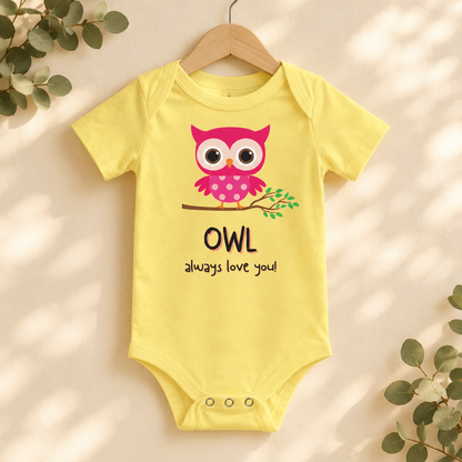 Owl Always Love You Baby Bodysuit in Yellow on a wooden hanger - Cartsy