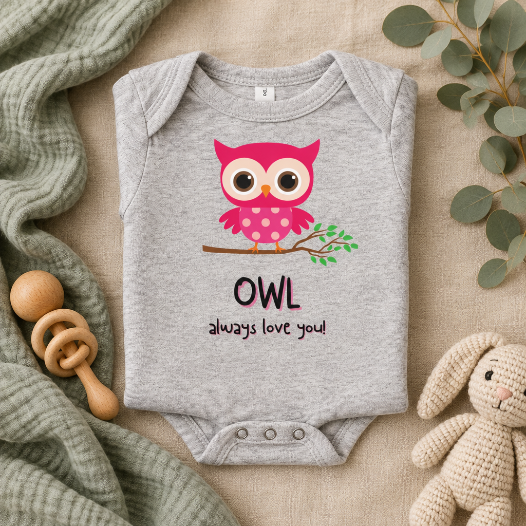 Owl Always Love You Baby Bodysuit in Athletic Heather, folded flat lay - Cartsy