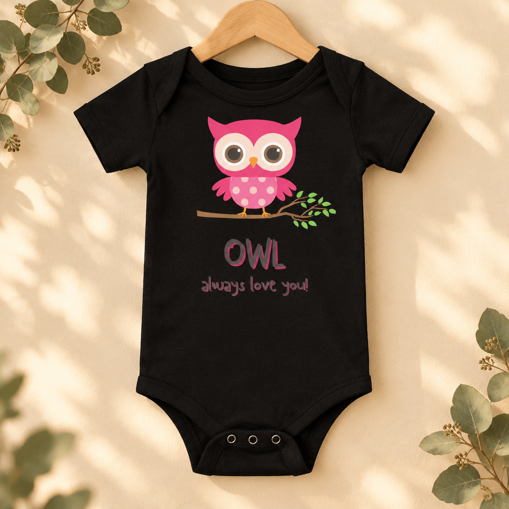 Owl Always Love You Baby Bodysuit in Black on a wooden hanger - Cartsy