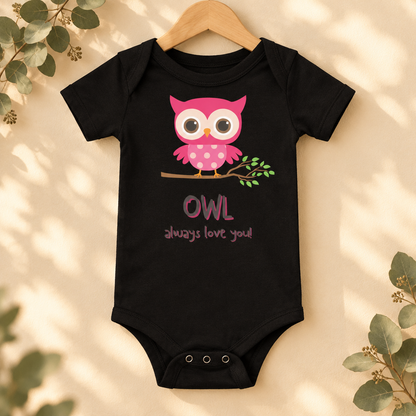 Owl Always Love You Baby Bodysuit in Black on a wooden hanger - Cartsy