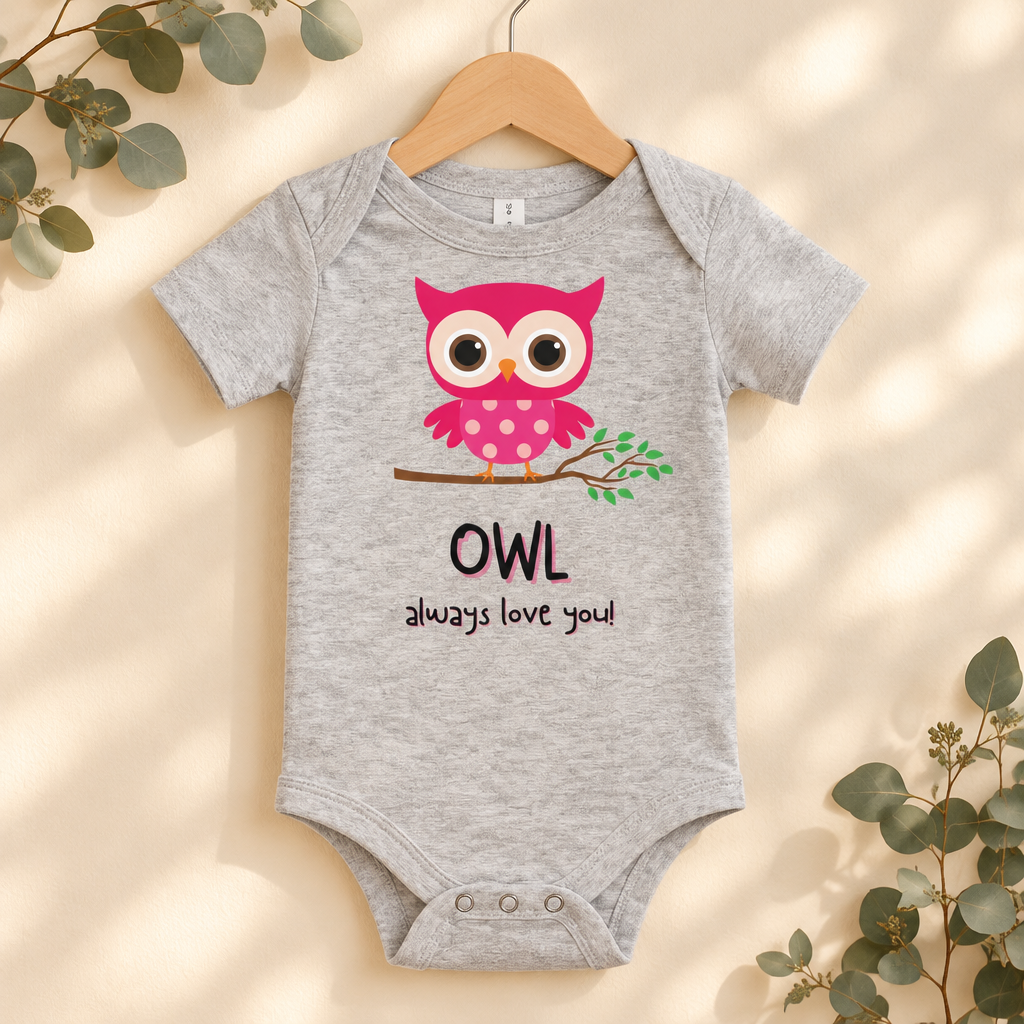 Owl Always Love You Baby Bodysuit in Athletic Heather on a wooden hanger - Cartsy