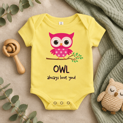Owl Always Love You Baby Bodysuit in Yellow, folded flat lay - Cartsy