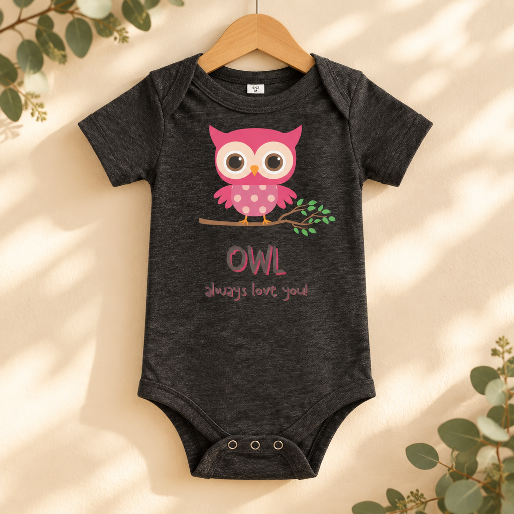 Owl Always Love You Baby Bodysuit in Dark Grey Heather on a wooden hanger - Cartsy