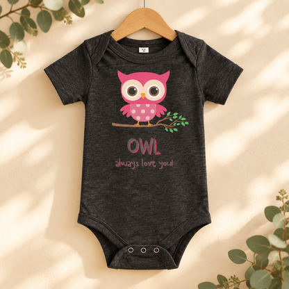 Owl Always Love You Baby Bodysuit in Dark Grey Heather on a wooden hanger - Cartsy