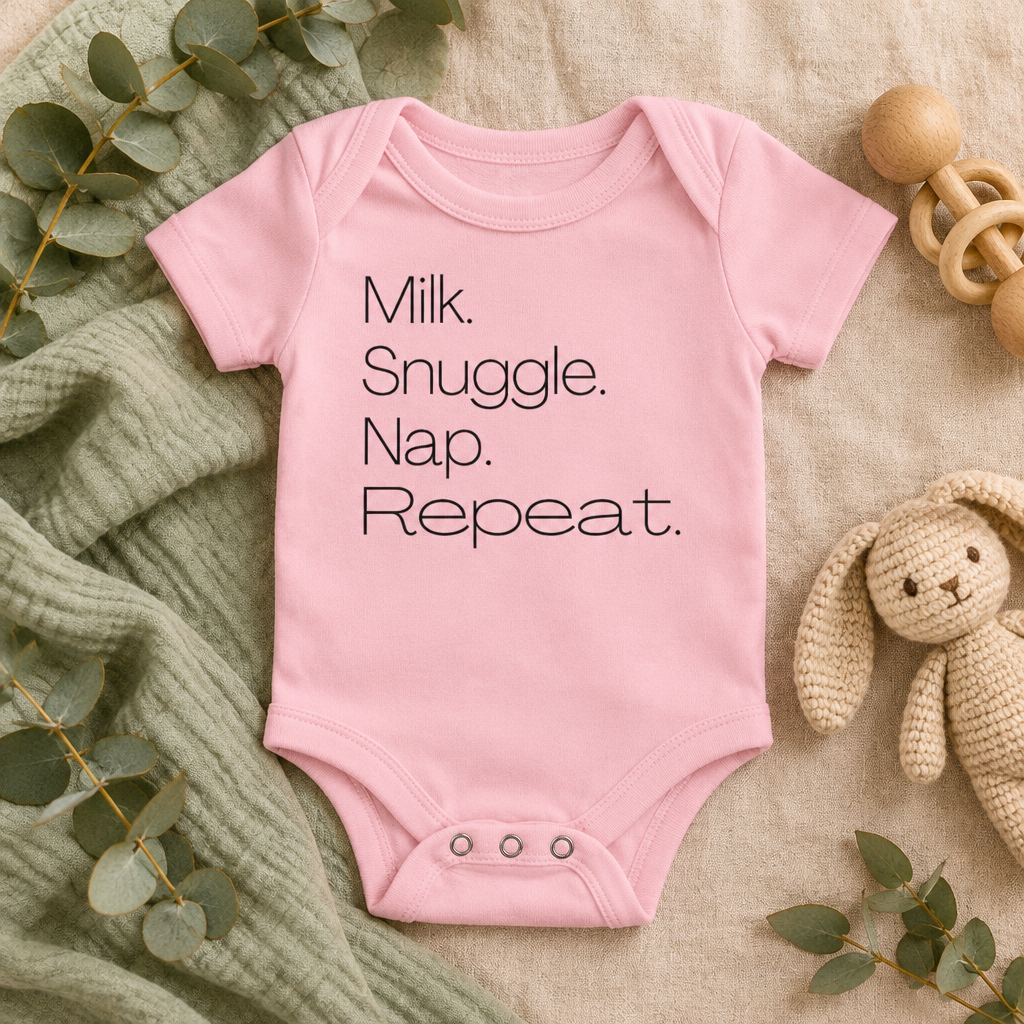 Milk Snuggle Nap Repeat Baby Bodysuit in Pink, folded flat lay - Cartsy