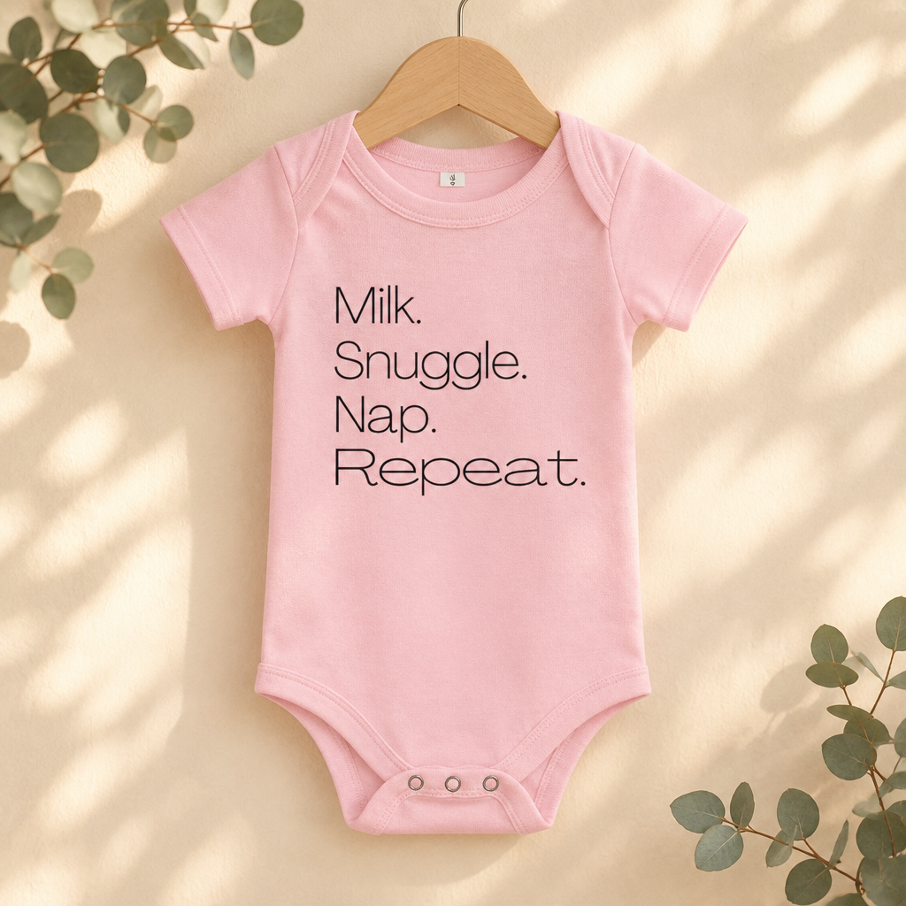 Milk Snuggle Nap Repeat Baby Bodysuit in Pink on a wooden hanger - Cartsy