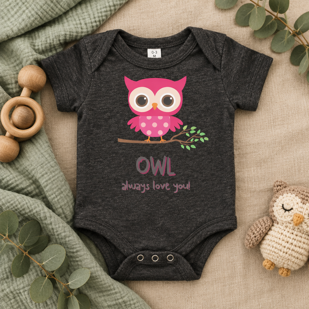 Owl Always Love You Baby Bodysuit in Dark Grey Heather, folded flat lay - Cartsy
