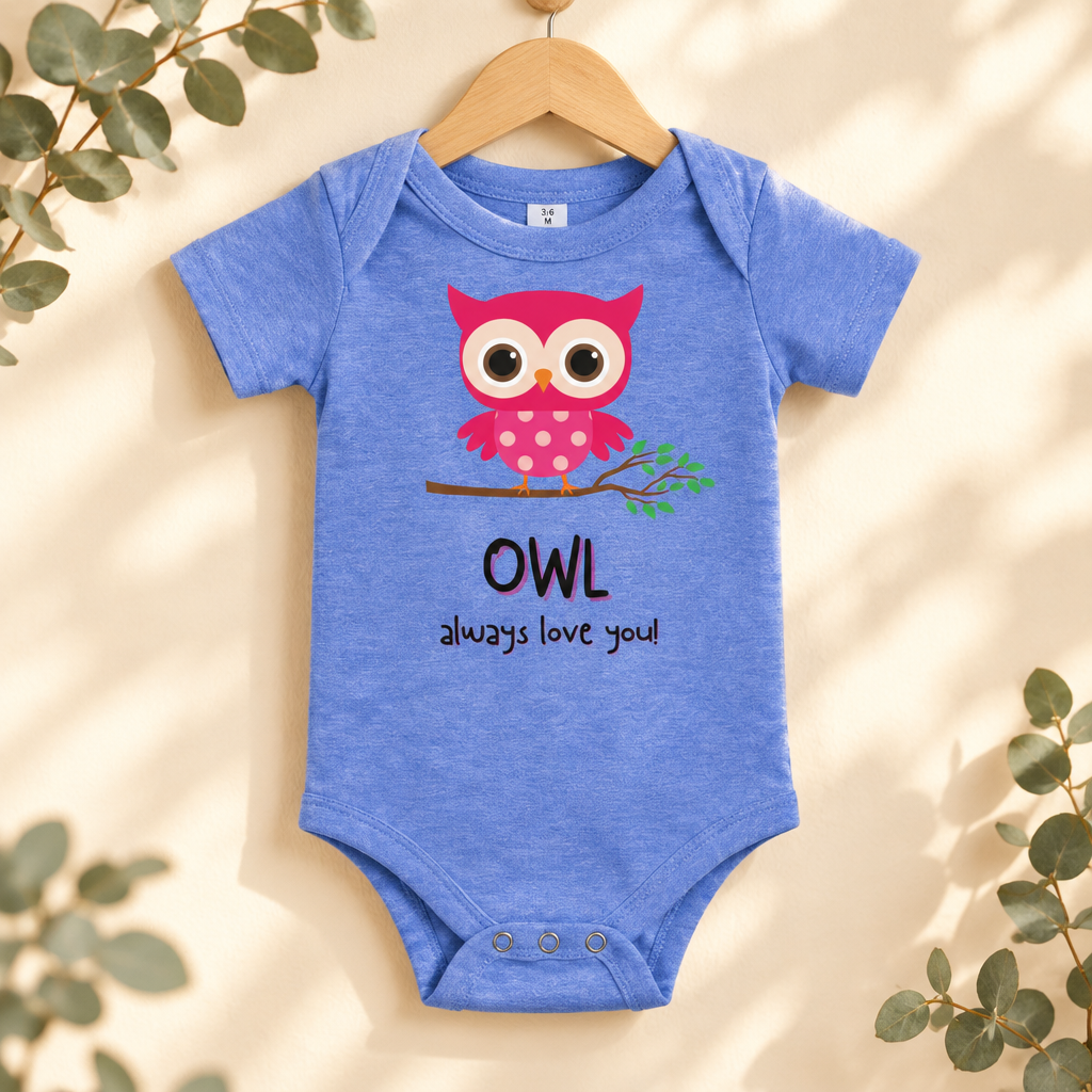 Owl Always Love You Baby Bodysuit in Heather Columbia Blue on a wooden hanger - Cartsy