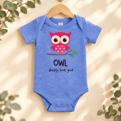 Owl Always Love You Baby Bodysuit in Heather Columbia Blue on a wooden hanger - Cartsy