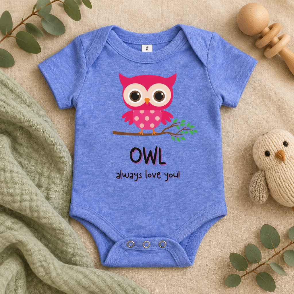 Owl Always Love You Baby Bodysuit in Heather Columbia Blue, folded flat lay - Cartsy