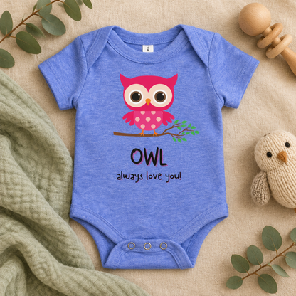 Owl Always Love You Baby Bodysuit in Heather Columbia Blue, folded flat lay - Cartsy