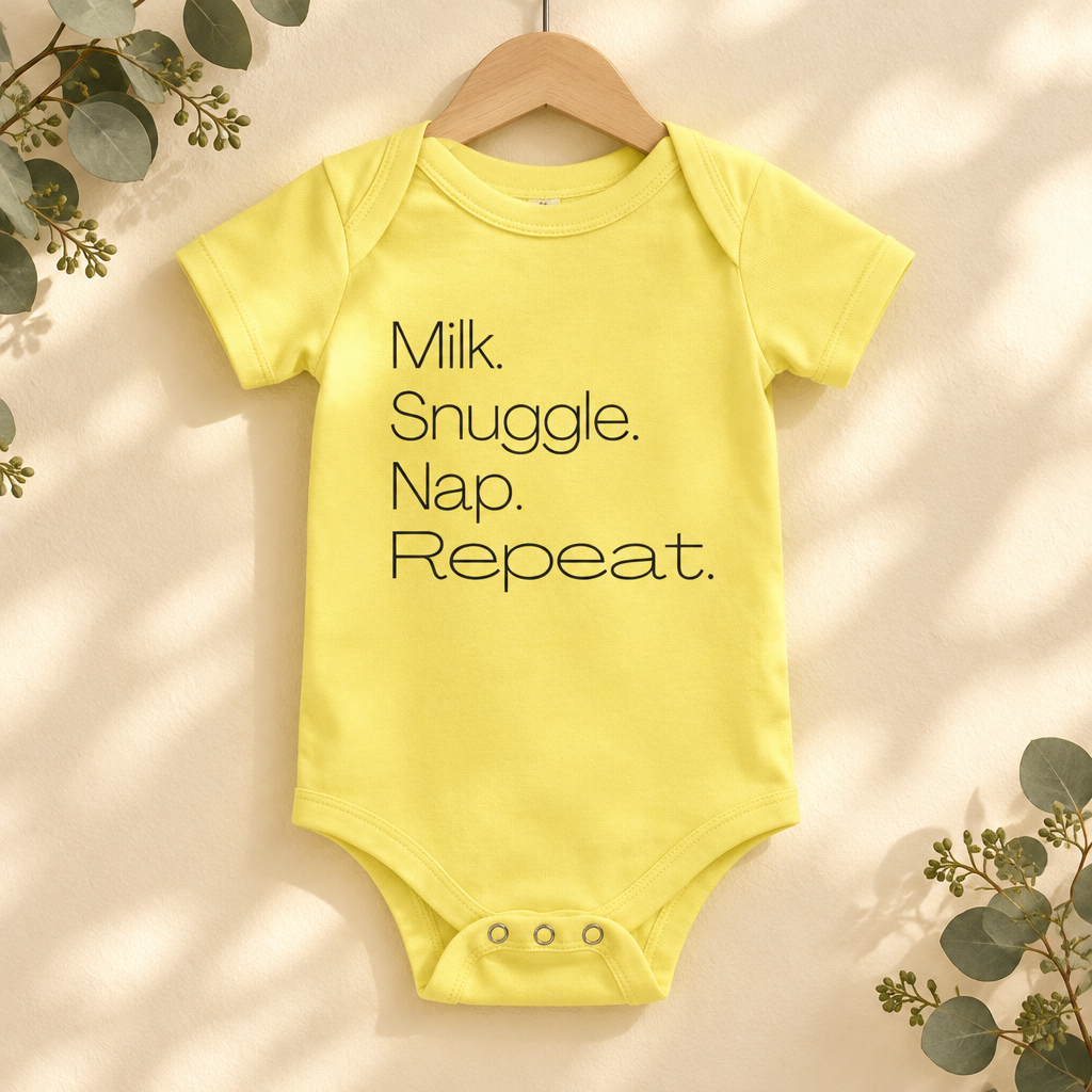 Milk Snuggle Nap Repeat Baby Bodysuit in Yellow on a wooden hanger - Cartsy
