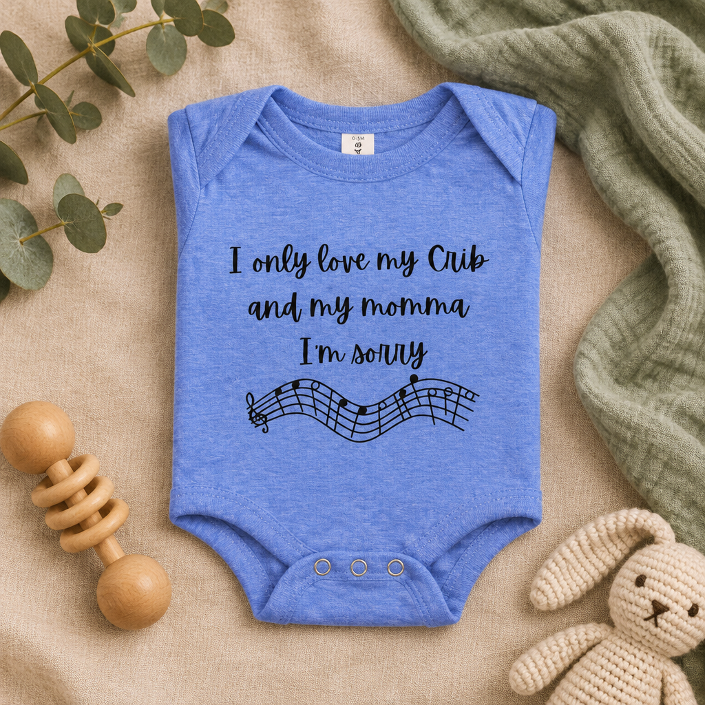 I Only Love My Crib and My Momma Baby Bodysuit in Heather Columbia Blue, folded flat lay - Cartsy