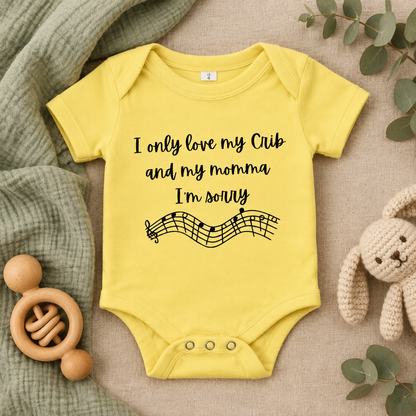 I Only Love My Crib and My Momma Baby Bodysuit in Yellow, folded flat lay - Cartsy