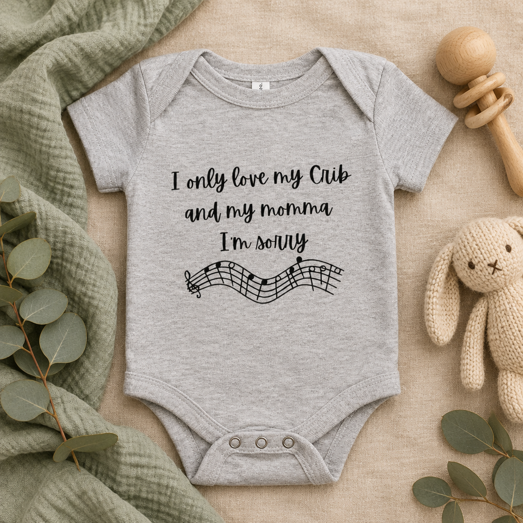 I Only Love My Crib and My Momma Baby Bodysuit in Athletic Heather, folded flat lay - Cartsy
