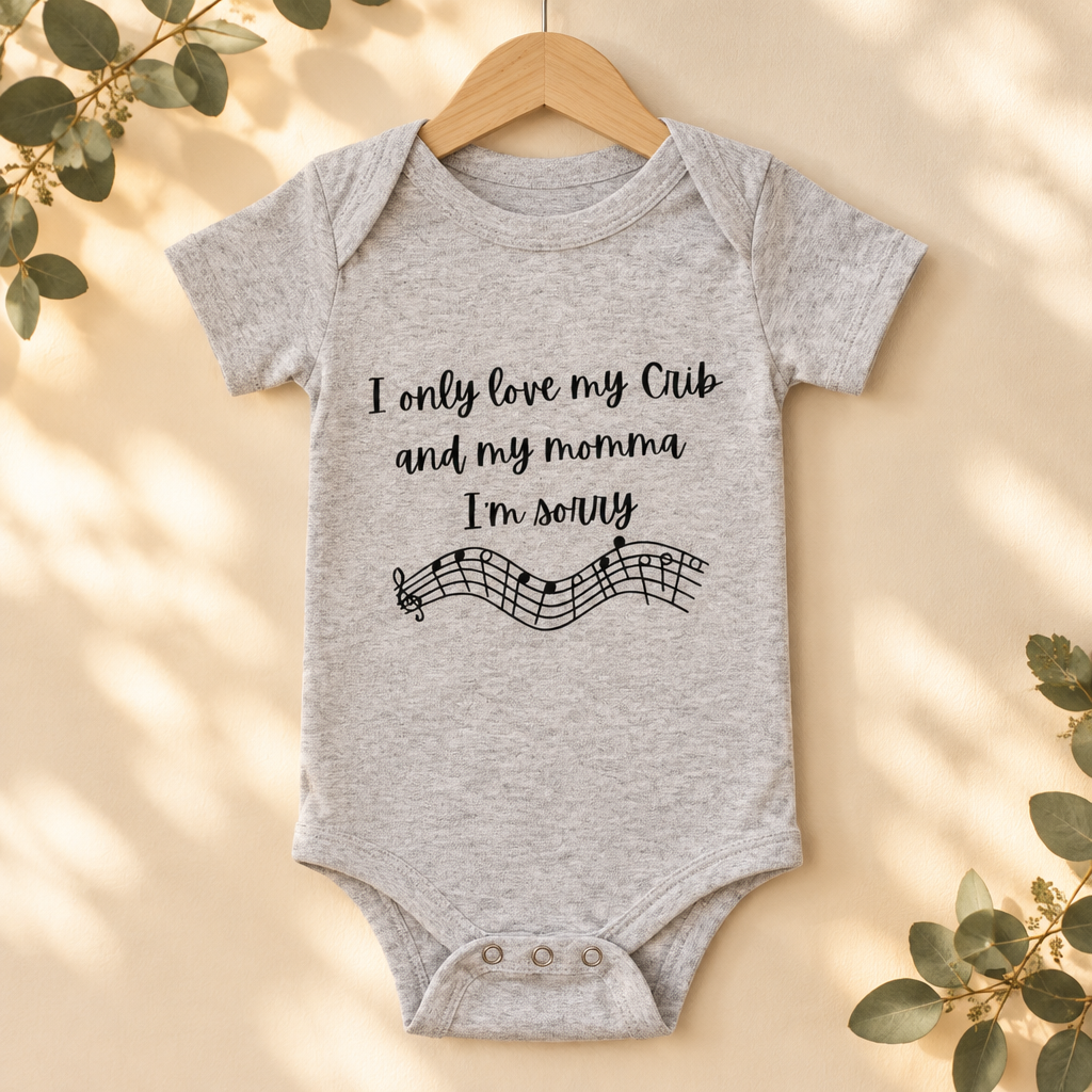 I Only Love My Crib and My Momma Baby Bodysuit in Athletic Heather on a wooden hanger - Cartsy