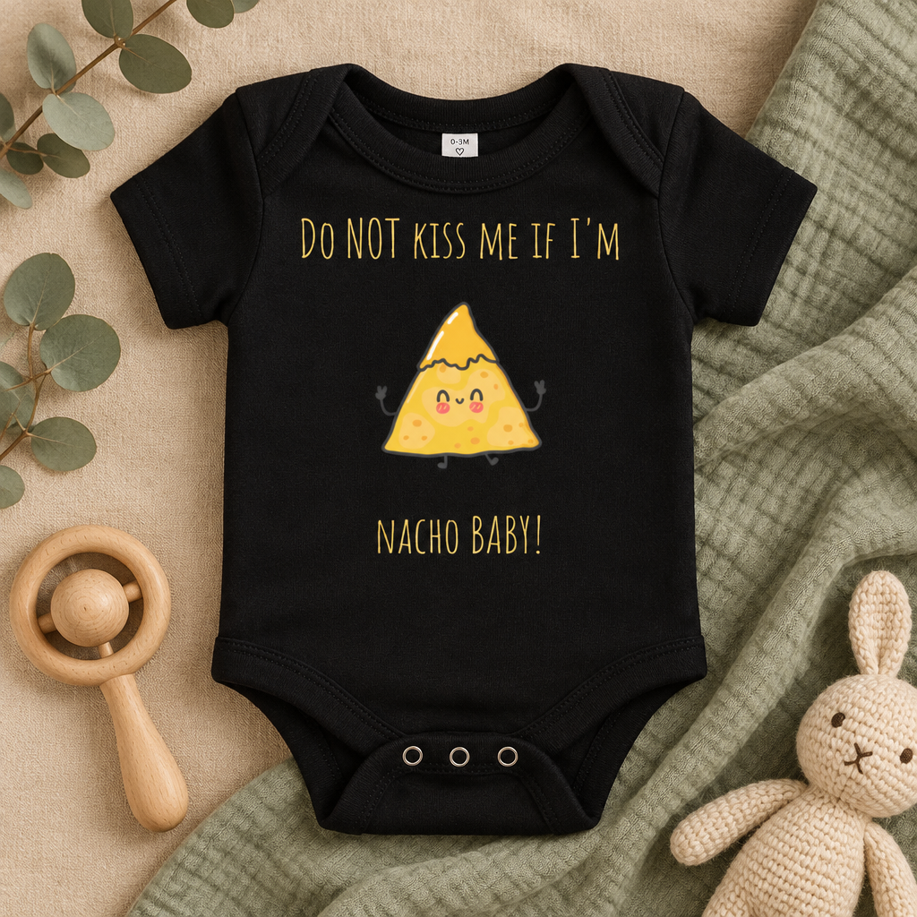 Do Not Kiss Me If I'm Nacho Baby Bodysuit in Black, folded flat lay - Cartsy