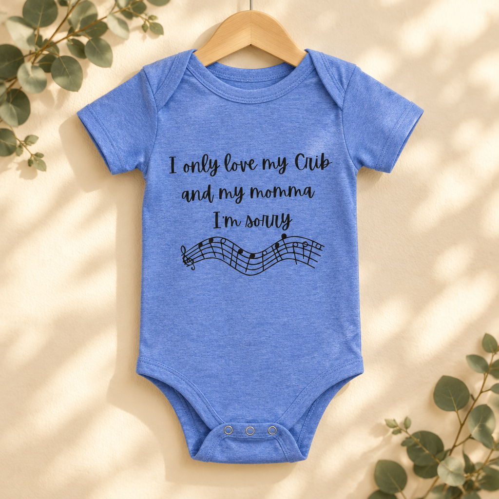 I Only Love My Crib and My Momma Baby Bodysuit in Heather Columbia Blue on a wooden hanger - Cartsy