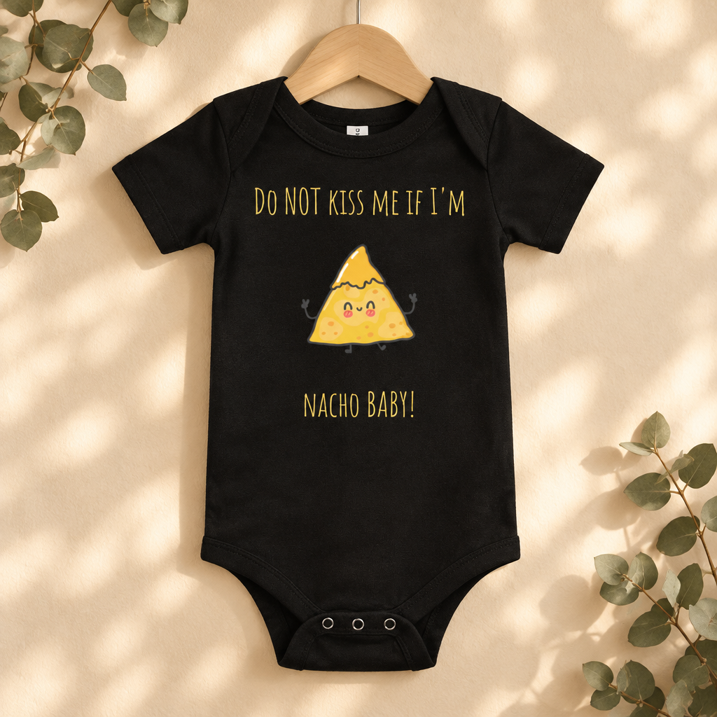 Do Not Kiss Me If I'm Nacho Baby Bodysuit in Black on a wooden hanger - Cartsy