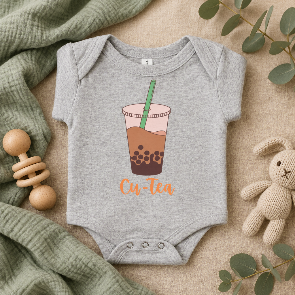Cu-Tea Boba Tea Baby Bodysuit in Athletic Heather, folded flat lay - Cartsy