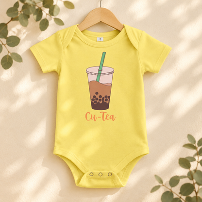 Cu-Tea Boba Tea Baby Bodysuit in Yellow on a wooden hanger - Cartsy