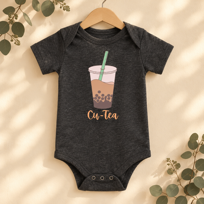 Cu-Tea Boba Tea Baby Bodysuit in Dark Grey Heather on a wooden hanger - Cartsy
